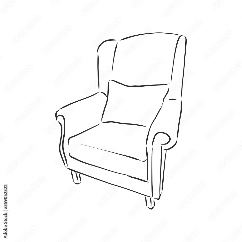 Sketch chair in linear style, outline drawing in black on a white background. Upholstered furniture for sitting, relaxing. Silhouette. vector. upholstered chair, vector sketch illustration Sketch chair in linear style, outline drawing in black on a white background. Upholstered furniture for sitting, relaxing. Silhouette. vector. upholstered chair, vector sketch illustration