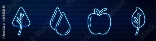 Set line Apple, Leaf or leaves, Water drop, Leaf or leaves and Barbecue grill. Glowing neon icon on brick wall. Vector