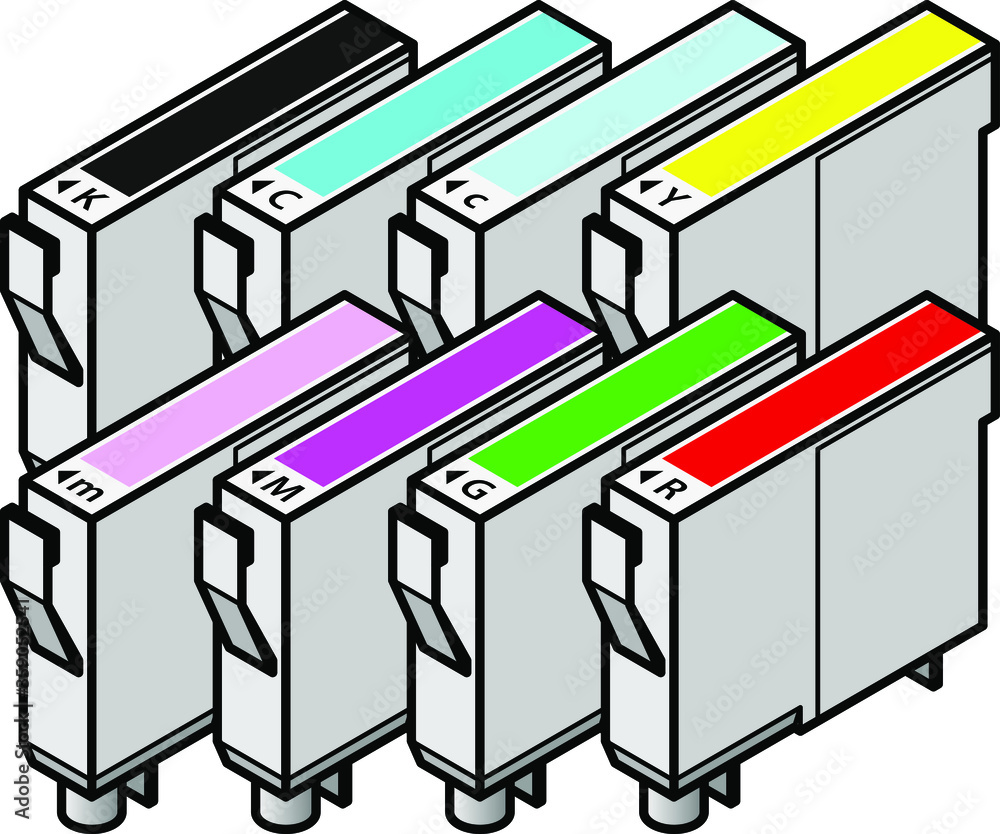 A set of inkjet printer cartridges - individual tanks of cyan, yellow, magenta and black; plus light/pale cyan, light/pale magenta, red and green - for 8-colour high-fidelity printing. A set of inkjet printer cartridges - individual tanks of cyan, yellow, magenta and black; plus light/pale cyan, light/pale magenta, red and green - for 8-colour high-fidelity printing.