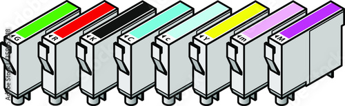 A set of inkjet printer cartridges - individual tanks of cyan, yellow, magenta and black; plus light/pale cyan, light/pale magenta, red and green - for 8-colour high-fidelity printing.