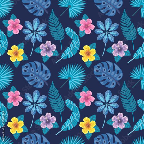 Seamless colourful pattern with different tropical plowers and leafs. Vector illustration.