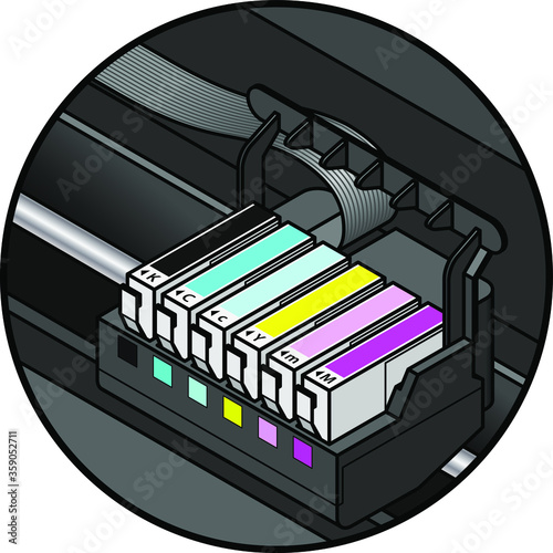 Inkjet printer cartridges installed. individual tanks of cyan, yellow, magenta and black; plus light/pale cyan, light/pale magenta - for 6-color high-fidelity printing.