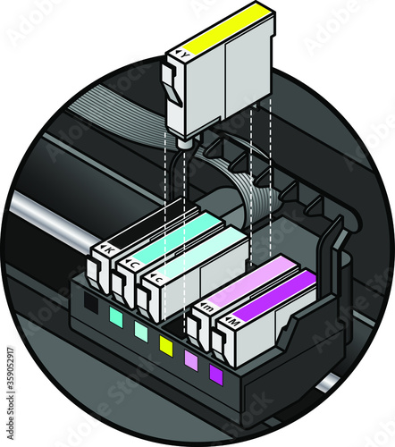 Inkjet printer cartridges being installed. individual tanks of cyan, yellow, magenta and black; plus light/pale cyan, light/pale magenta - for 6-colour high-fidelity printing.