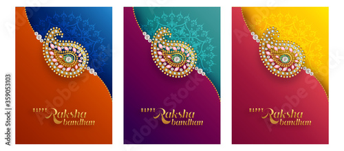Decorated rakhi for Indian festival Raksha Bandhan Greeting Card ,indian festival with gold patterned and crystals on paper color Background.