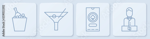 Set line Champagne in an ice bucket, Casino poker tournament invitation, Martini glass and Casino dealer. White square button. Vector