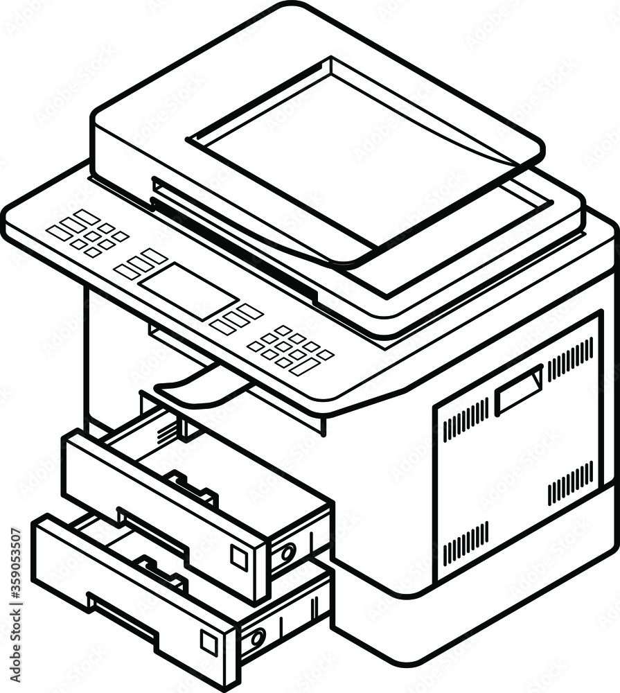 Line style drawing of a multifunction office laser printer. With 2