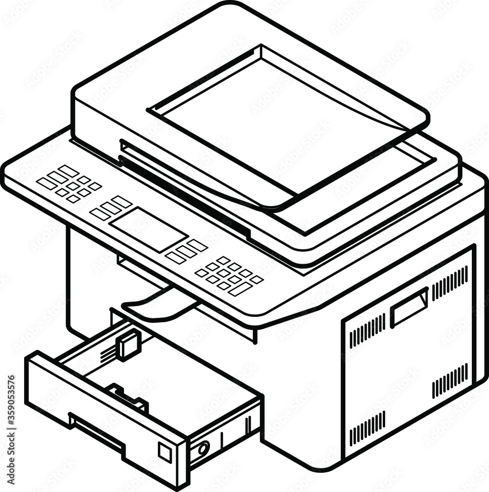 Line style drawing of a multifunction office laser printer. With paper ...