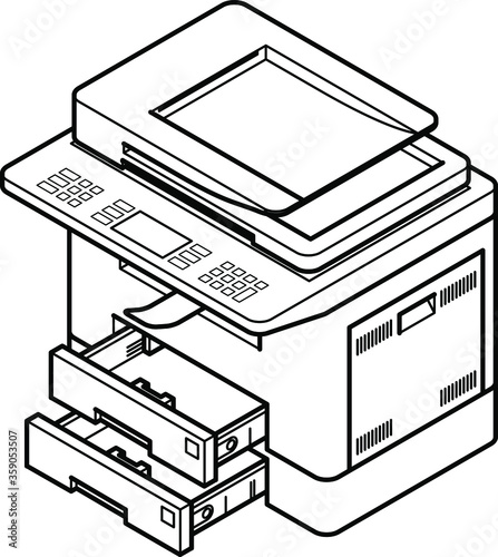 Line style drawing of a multifunction office laser printer. With 2 paper trays opened.