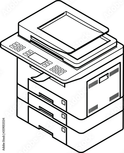 Line style drawing of a multifunction office laser printer. With 3 paper trays.