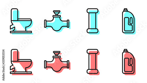 Set line Industry metallic pipe, Toilet bowl, Industry pipe and valve and Container with drain cleaner icon. Vector