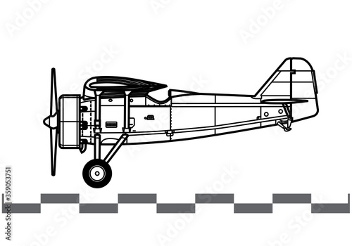 PZL P.7. World War 2 fighter aircraft. Side view. Image for illustration and infographics.