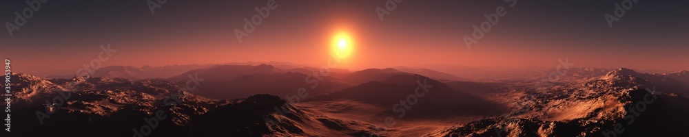Beautiful panorama of an alien landscape, sunset on Mars, Martian panorama, 3D rendering