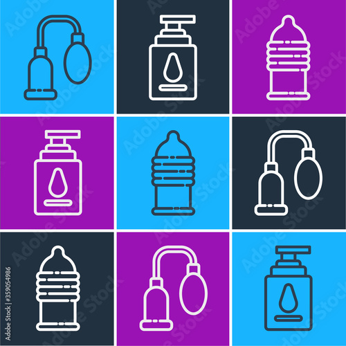Set line Penis pump, Condom safe sex and Personal lubricant icon. Vector