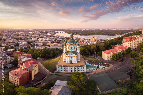 Aerial view of St Andrew's church in Kyiv, Ukraine