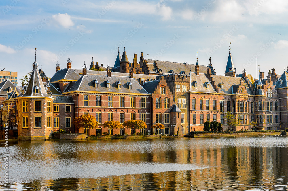 It's The Ridderzaal in Binnenhof with the Hofvijver lake. Meeting place of States General of the Netherlands, the Ministry of General Affairs and the office of the Prime Minister of Netherlands