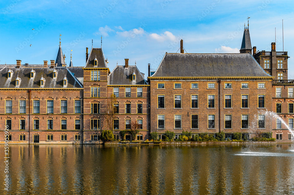 It's The Ridderzaal in Binnenhof with the Hofvijver lake. Meeting place of States General of the Netherlands, the Ministry of General Affairs and the office of the Prime Minister of Netherlands
