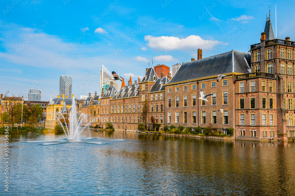 It's The Ridderzaal in Binnenhof with the Hofvijver lake. Meeting place of States General of the Netherlands, the Ministry of General Affairs and the office of the Prime Minister of Netherlands