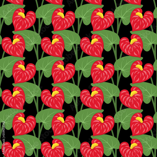 Seamless pattern of anthurium flowers and leaves