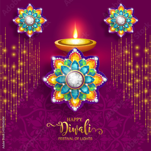 Diwali, Deepavali or Dipavali the festival of lights india with gold diya patterned and crystals on paper color Background.
