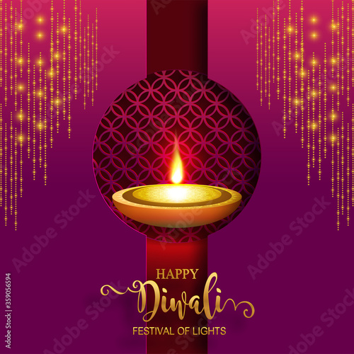 Diwali, Deepavali or Dipavali the festival of lights india with gold diya patterned and crystals on paper color Background.
