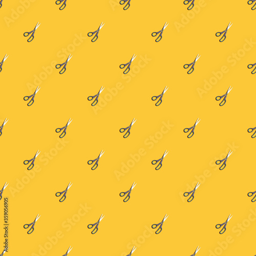 scissors seamless pattern texture over yellow background. above view. stationary minimal concept. school accessory concept.