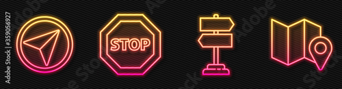 Set line Road traffic sign, Infographic of city map navigation, Stop sign and Folded map with location marker. Glowing neon icon. Vector