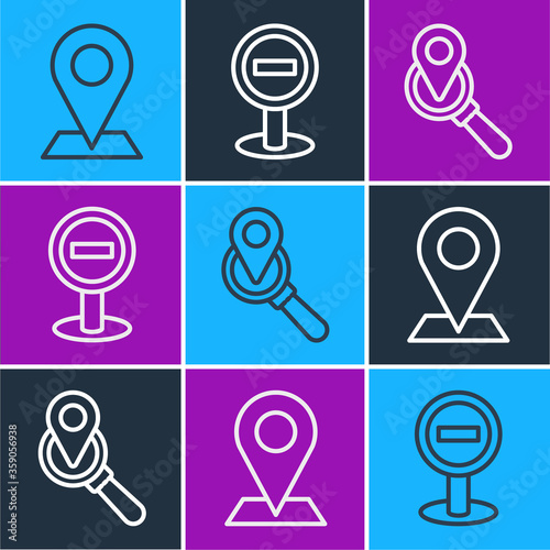 Set line Location, Search location and Stop sign icon. Vector