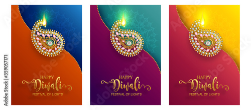 Diwali, Deepavali or Dipavali the festival of lights india with gold diya patterned and crystals on paper color Background.
