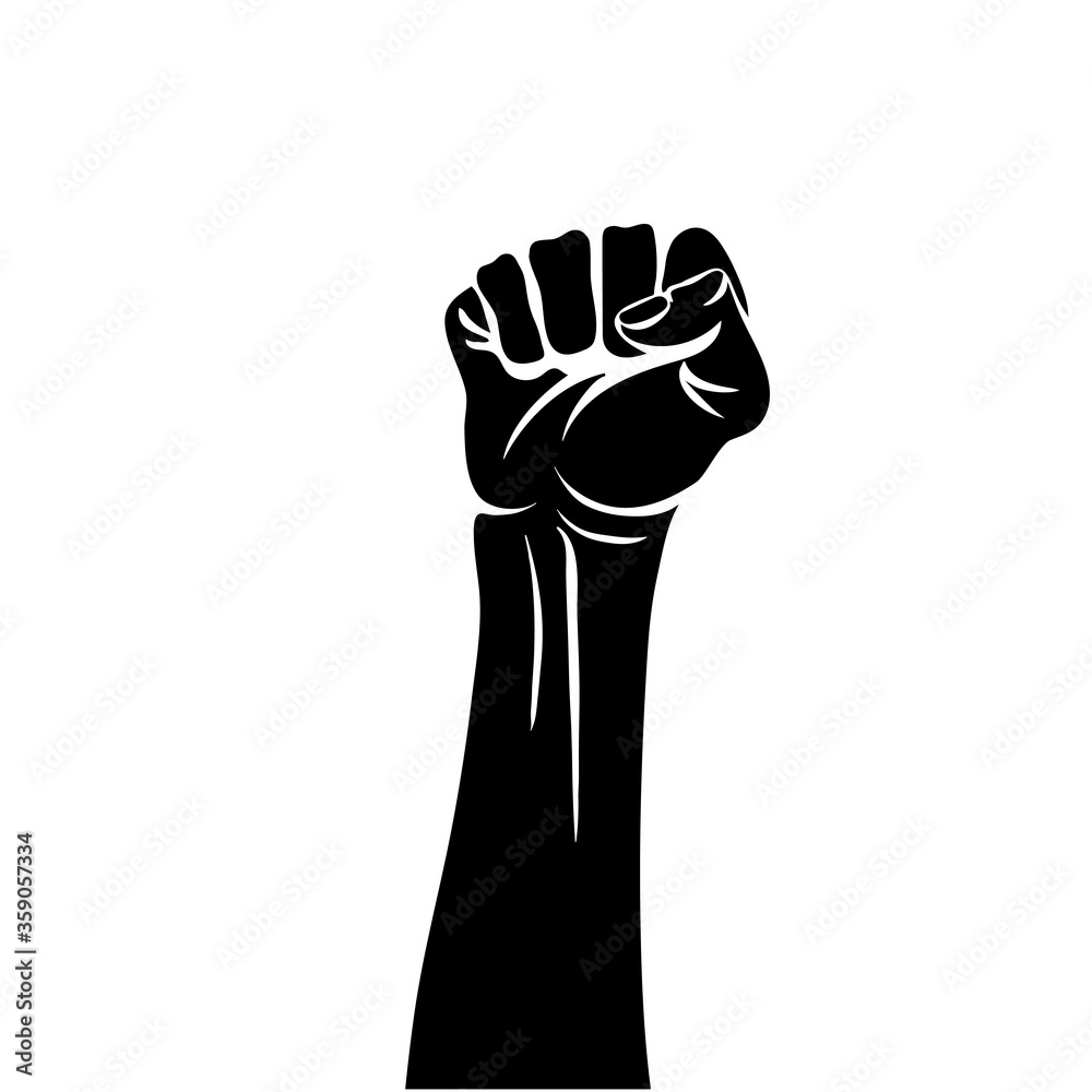 Raised black hand with clenched fist. Vector illustration isolated on ...