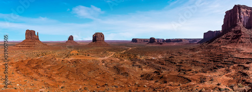 John Ford s view showing East Mitten Butte  West Mitten Butte  Merrick  Butte  Cly Butte  Camel Butte in Monument Valley tribal park in springtime