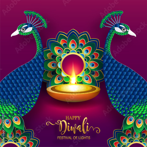 Diwali, Deepavali or Dipavali the festival of lights india with gold diya patterned and crystals on paper color Background.
