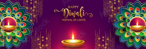 Diwali, Deepavali or Dipavali the festival of lights india with gold diya patterned and crystals on paper color Background.

