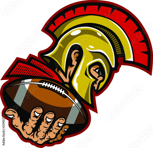 spartan football team mascot holding ball in hand for school, college or league