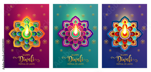Diwali, Deepavali or Dipavali the festival of lights india with gold diya patterned and crystals on paper color Background.
