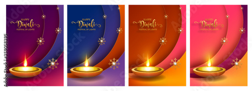 Diwali, Deepavali or Dipavali the festival of lights india with gold diya patterned and crystals on paper color Background.
