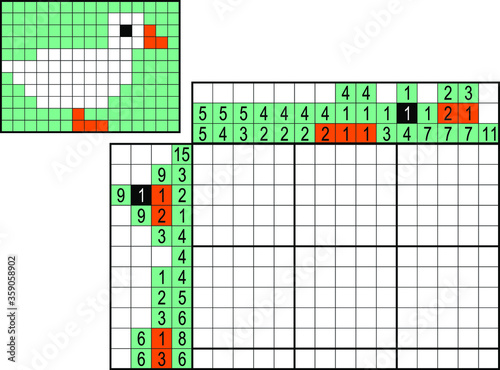 Japanese crossword. Colorful. Paint by number puzzle. Education game for children. Goose