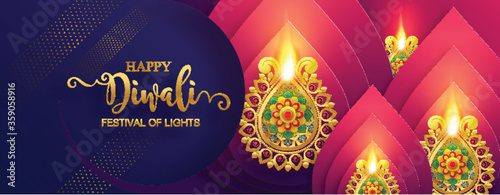 Diwali, Deepavali or Dipavali the festival of lights india with gold diya patterned and crystals on paper color Background.
