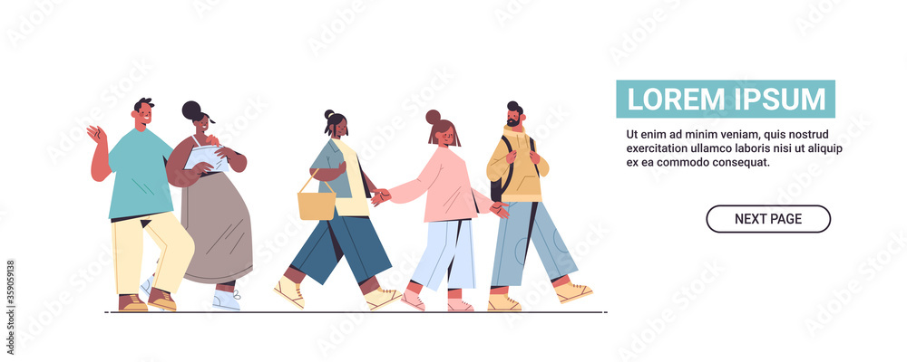 cute people in casual trendy clothes holding hands mix race men women spending time together full length horizontal copy space vector illustration