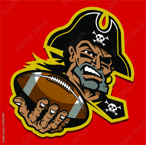 pirate football team design with mascot holding ball in hand for school, college or league