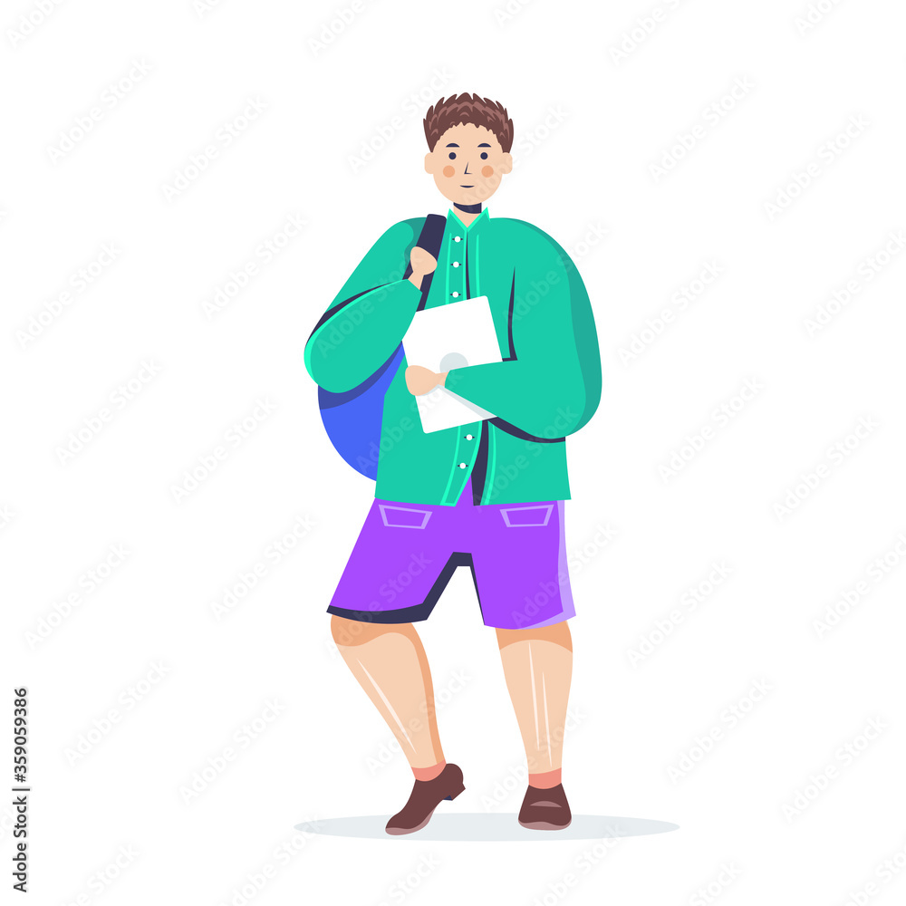 guy with backpack holding book student in casual trendy clothes male cartoon character standing pose full length isolated vector illustration guy with backpack holding book student in casual trendy clothes male cartoon character standing pose full length isolated vector illustration