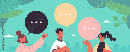 people discussing during meeting chat bubble communication digital detox relaxation concept friends spending time together abandoning internet social networks horizontal portrait vector illustration