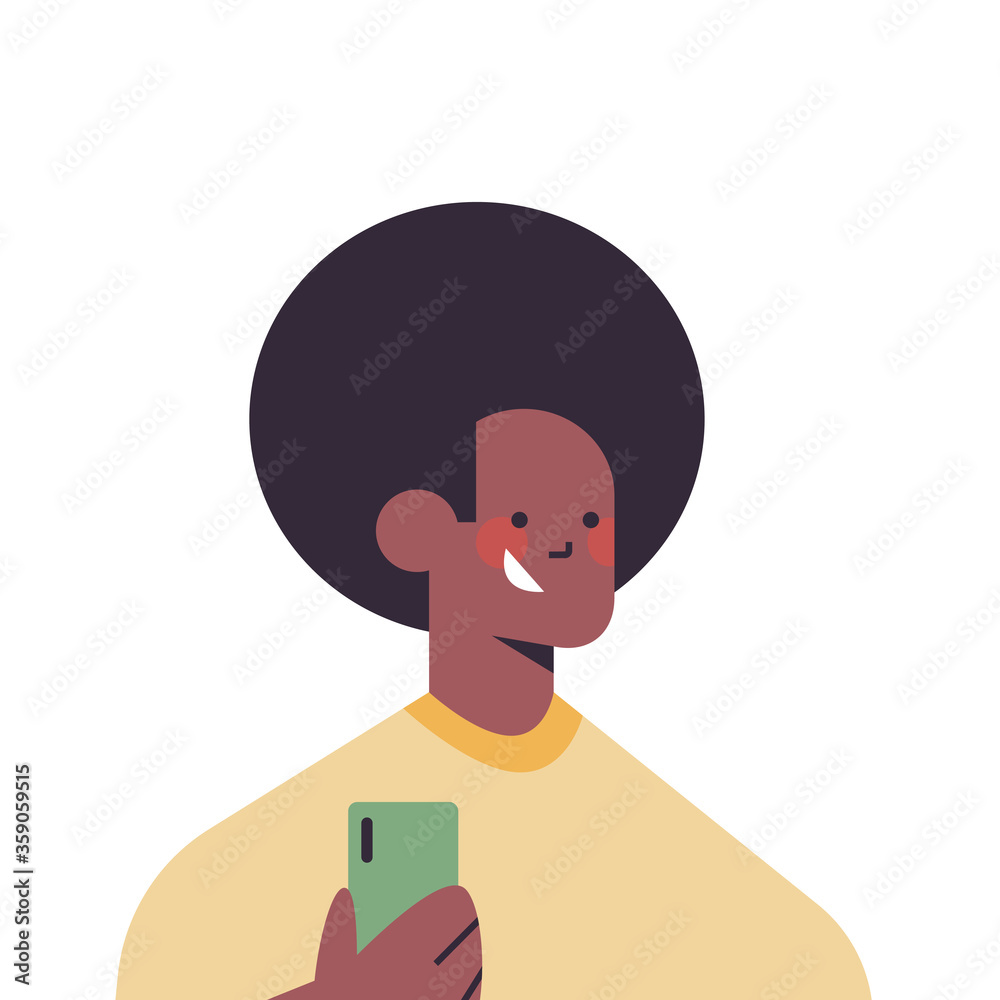 happy african american man using smartphone smiling guy avatar male cartoon character portrait vector illustration happy african american man using smartphone smiling guy avatar male cartoon character portrait vector illustration