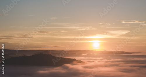 sunset and fog