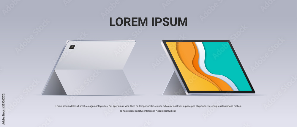 modern tablet computer front and back view realistic mockup gadgets and devices concept copy space horizontal vector illustration