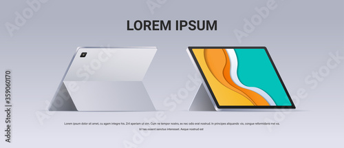 modern tablet computer front and back view realistic mockup gadgets and devices concept copy space horizontal vector illustration