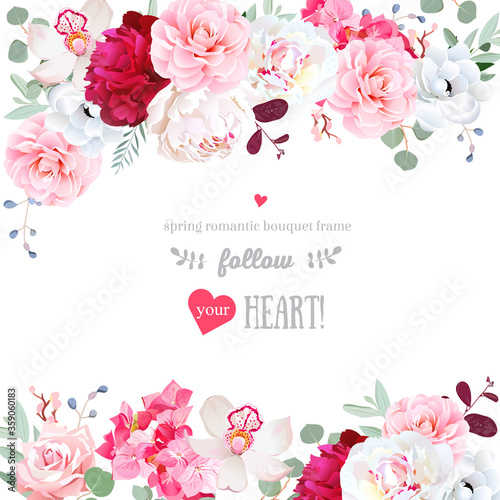Romantic floral frame arranged from flowers and leaves