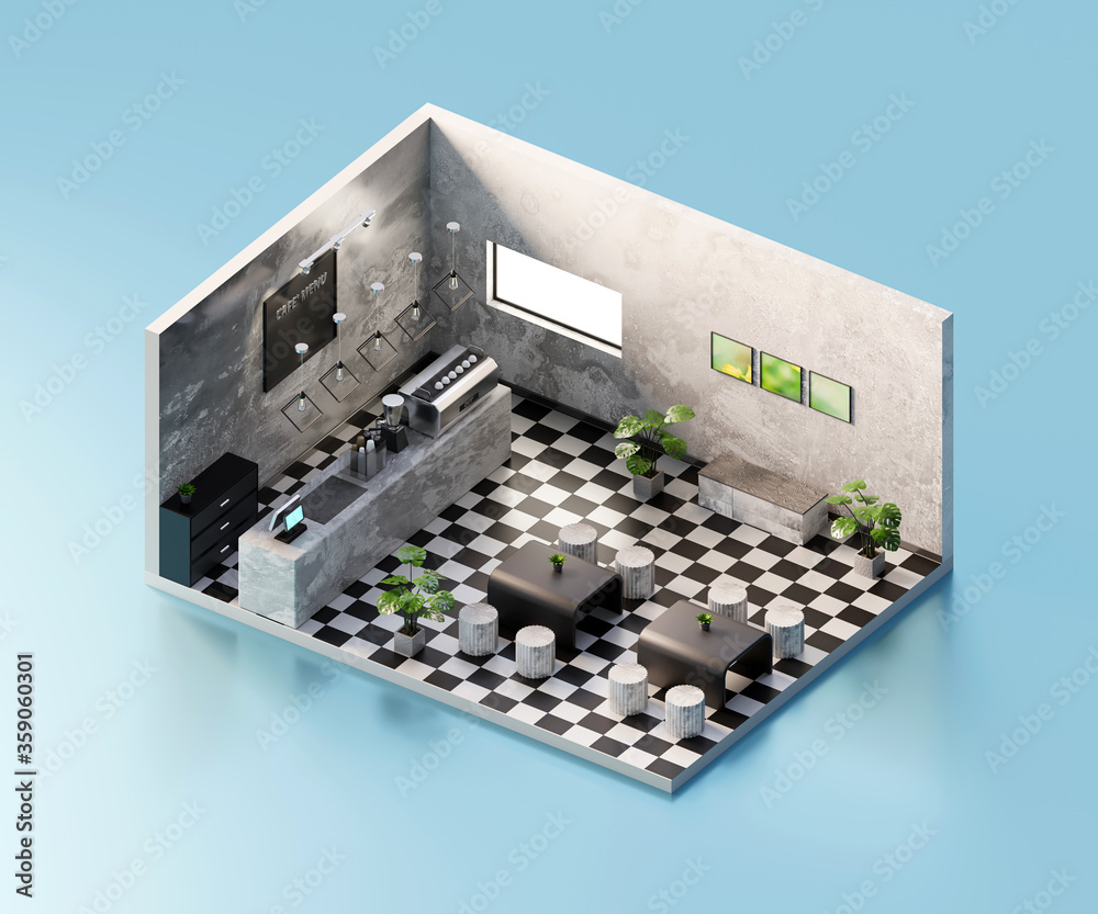 Isometric view cafe store open inside interior architecture, 3d rendering. Isometric view cafe store open inside interior architecture, 3d rendering.