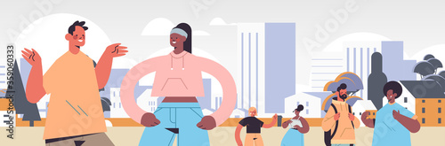mix race people walking urban park digital detox concept men women spending time without gadgets abandoning internet social networks cityscape background horizontal vector illustration