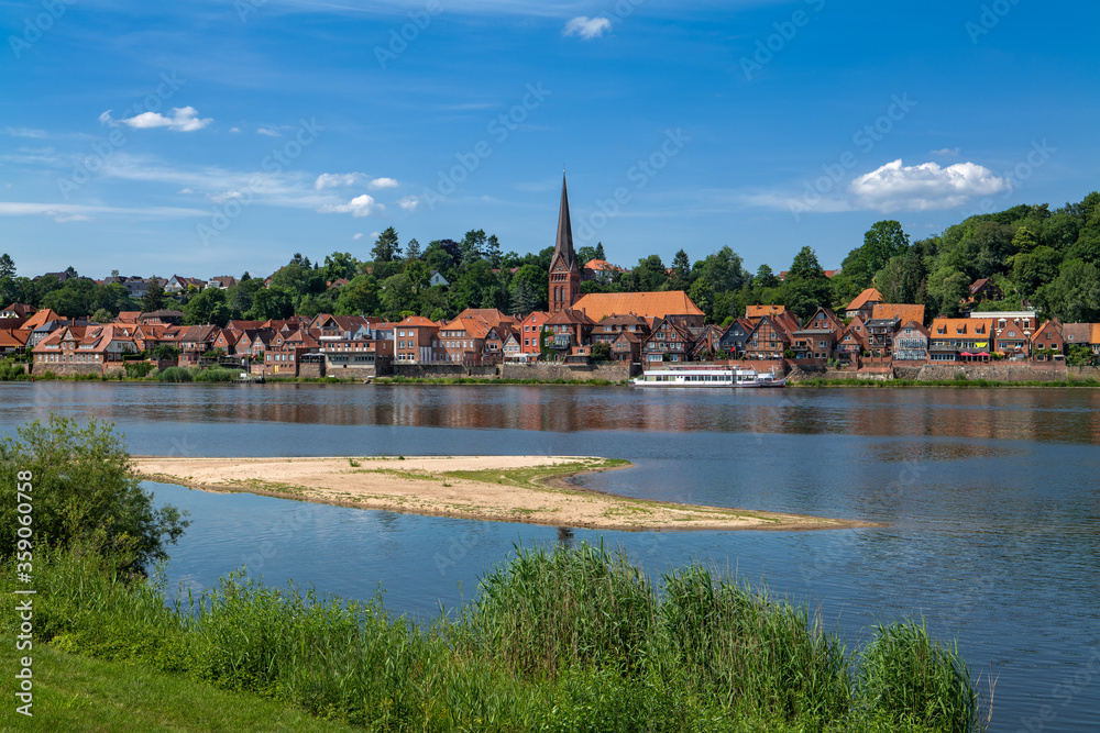 Lauenburg, Germany. View of the old town across the river Elbe.