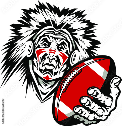 indians football team mascot holding ball for school, college or league